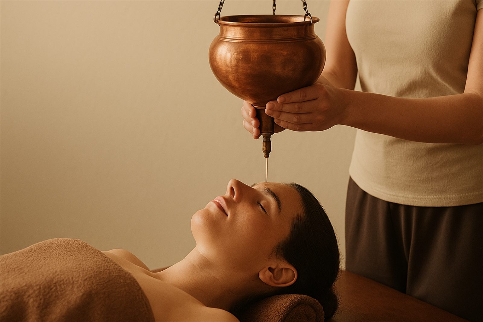 Shirodhara: warm herbal oil streamed over the forehead